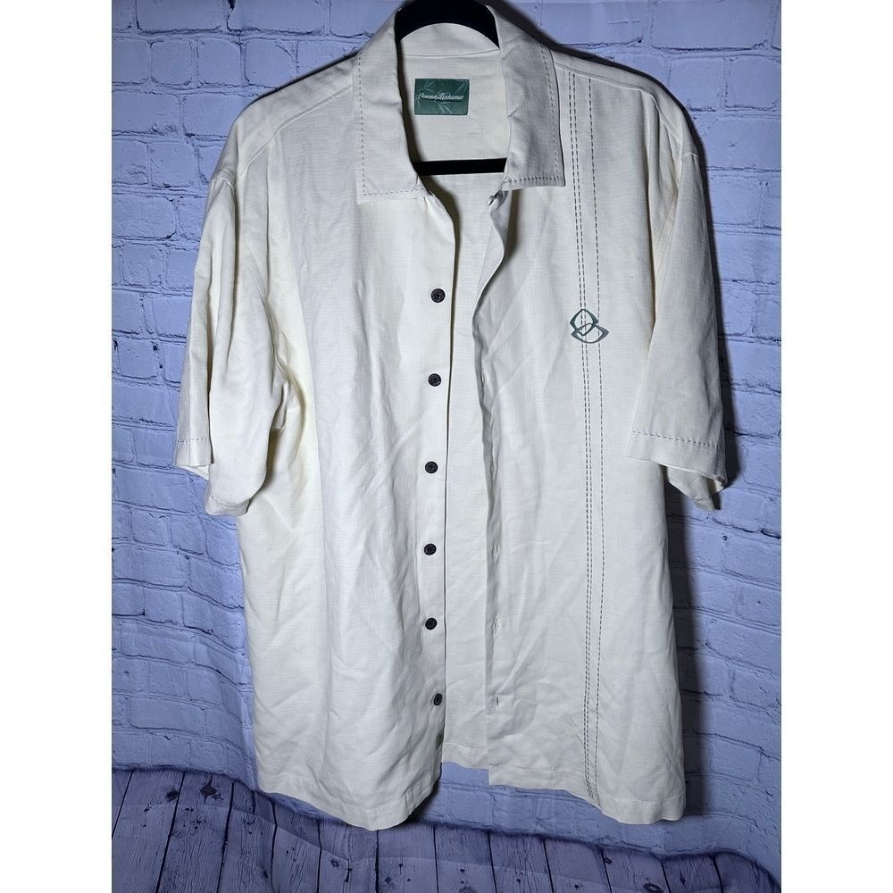 Tommy Bahama Mens Large Cream 100% Silk Short Sleeve Embroidered Camp Shirt